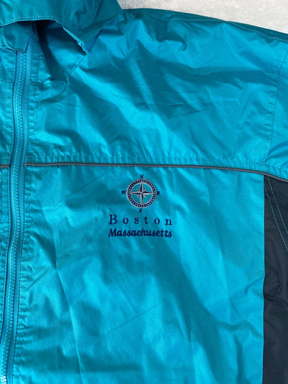 Cheneral Brand Boston Massachusetts Teal/ Navy Blue Windbreaker Jacket Hooded XL - Picture 2 of 9